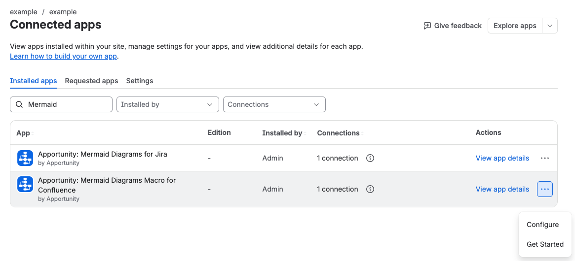 Connected apps in Atlassian Administration, filtered to the Mermaid Diagrams apps, with Configure and Get Started in the menu
