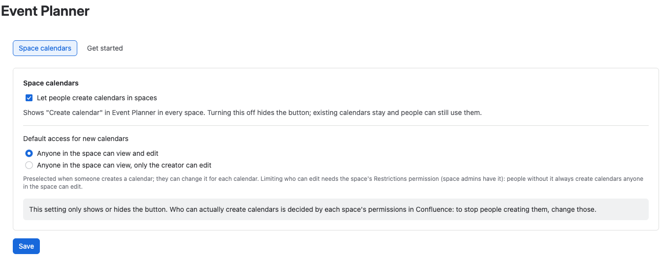 The Space calendars tab of the Event Planner admin page in Confluence