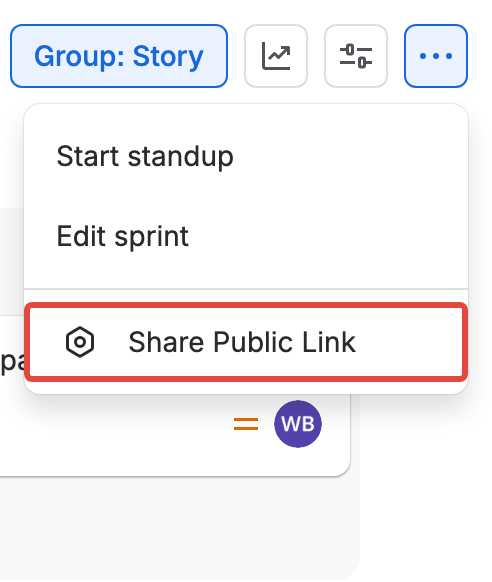 The board's More actions menu with Share Public Link highlighted