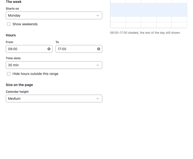 The Calendar settings dialog with the settings on the left and a preview on the right