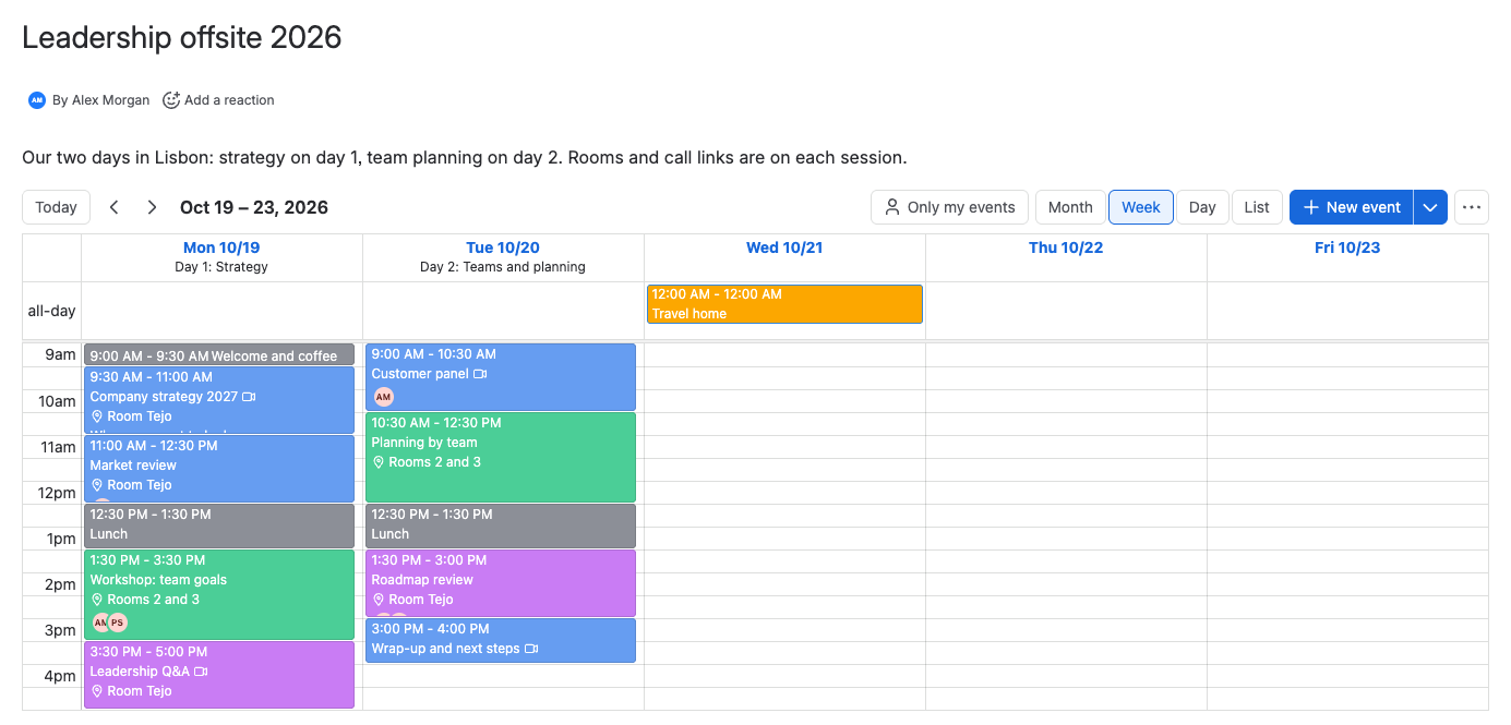 A Confluence page with an Event Planner calendar showing a week of color-coded events