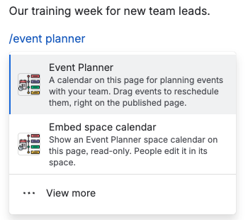 The /event planner command in the Confluence editor, offering the Event Planner macro