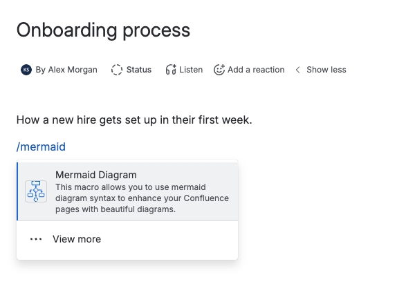 The /mermaid command in the Confluence editor, offering the Mermaid Diagram macro