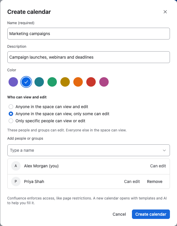 The Create calendar dialog with name, description, color and the access options