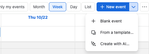 The menu next to New event with Blank event, From a template and Create with AI