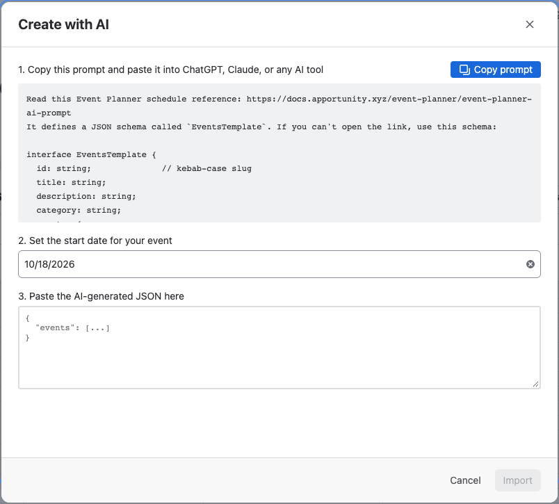 The Create with AI dialog with the prompt, the start date and the field for the AI's answer