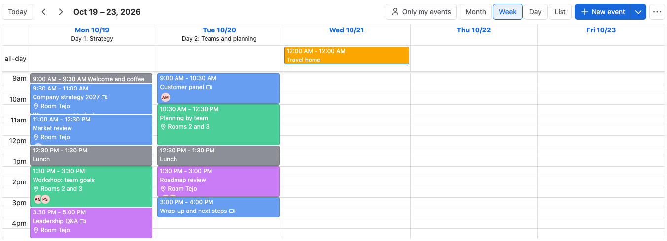 The Week view with day headers under the dates of a two-day training
