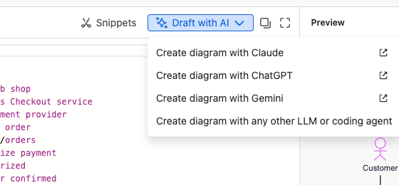 The Draft with AI menu with Claude, ChatGPT, Gemini and any other LLM or coding agent