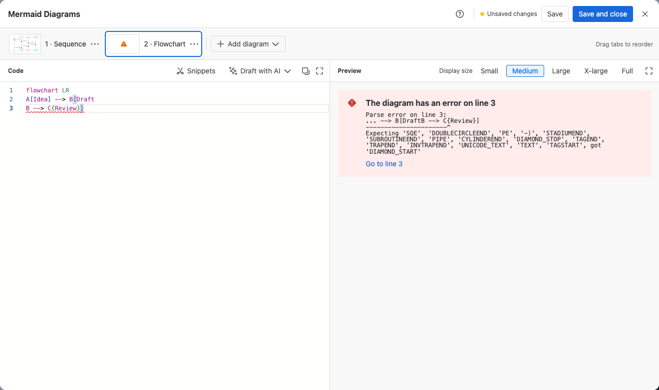 The preview showing that the diagram has an error on line 3, with a Go to line 3 link