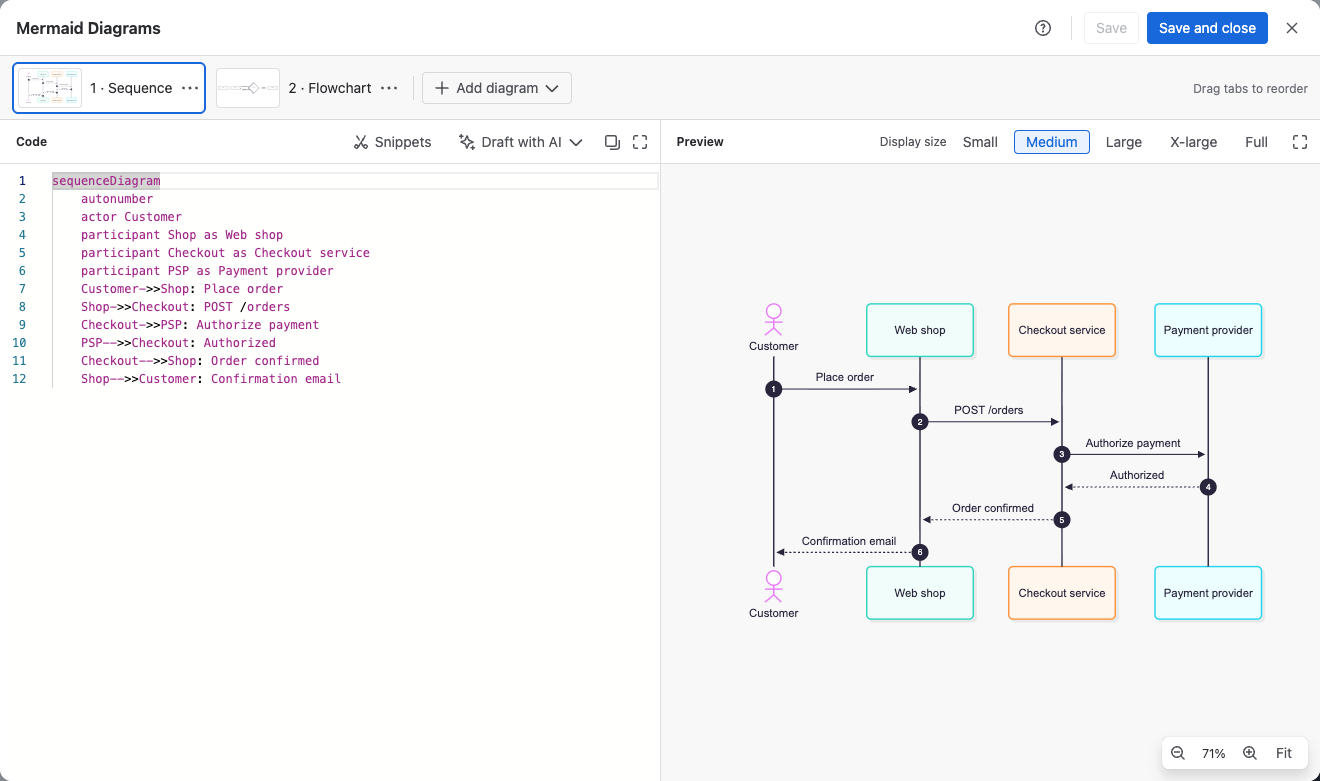 The diagram editor with Mermaid code on the left, the live preview on the right, and two diagram tabs at the top