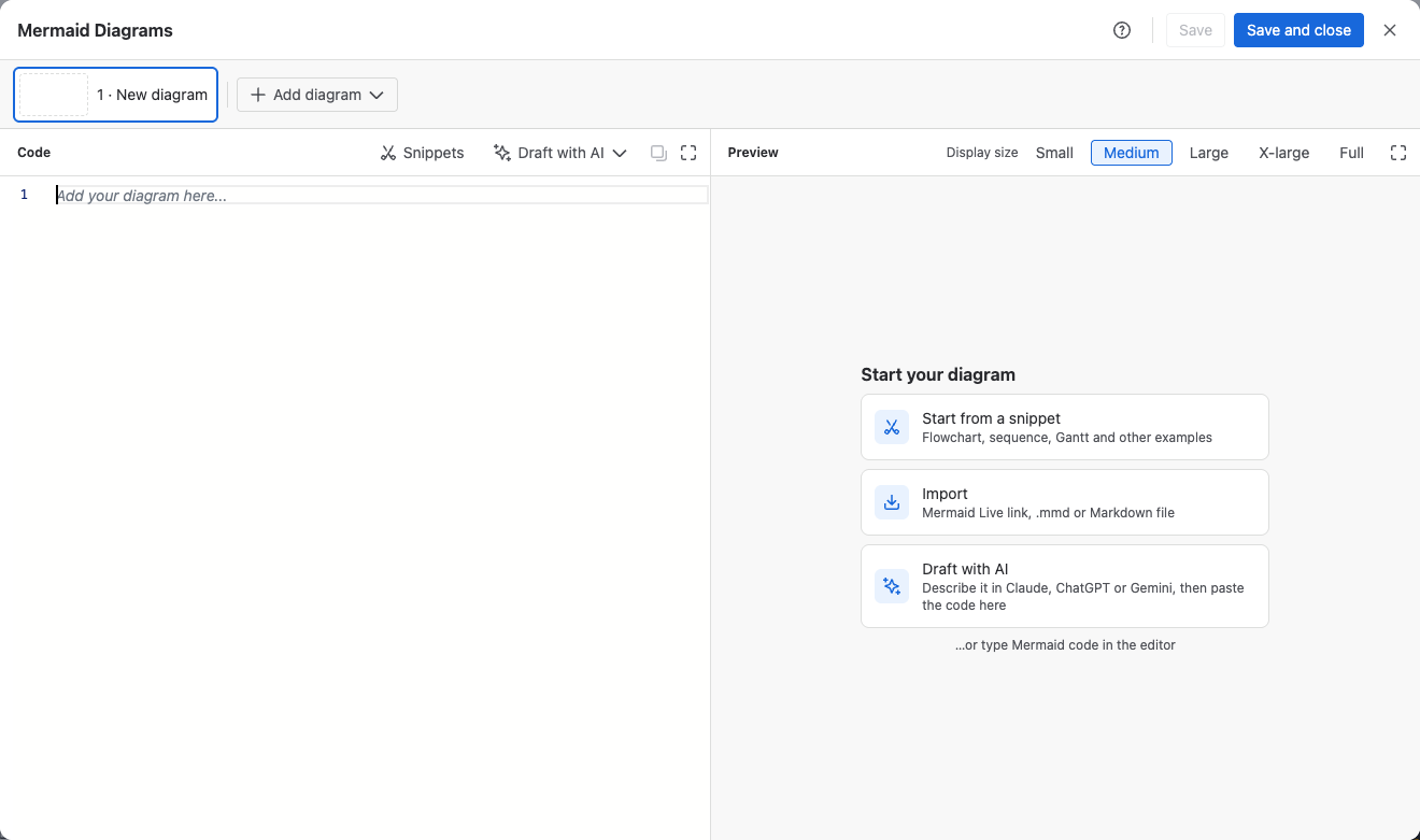 The Start your diagram panel with Start from a snippet, Import and Draft with AI