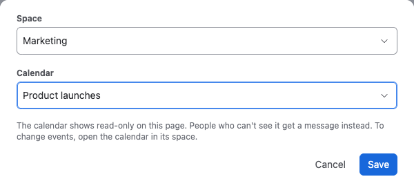 The embed dialog with a space and the Product launches calendar selected