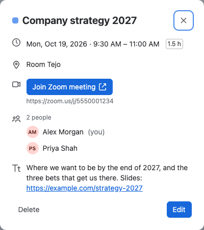 The event details window with the time, location, a Join Zoom meeting button, the people and the description
