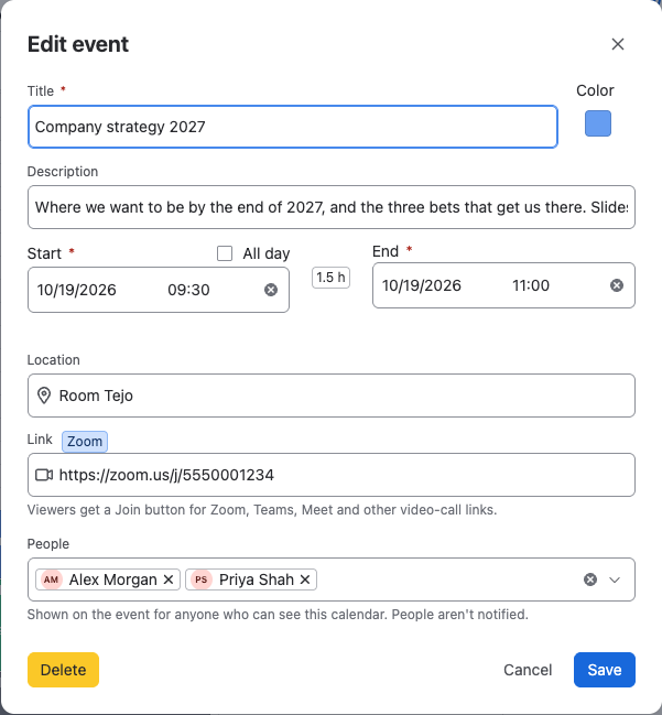 The Edit event form with title, color, description, start and end, location, link and people