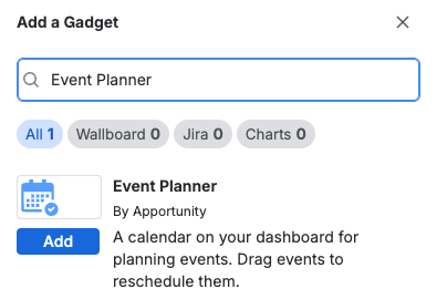 The Add gadget panel with the Event Planner gadget in the search results