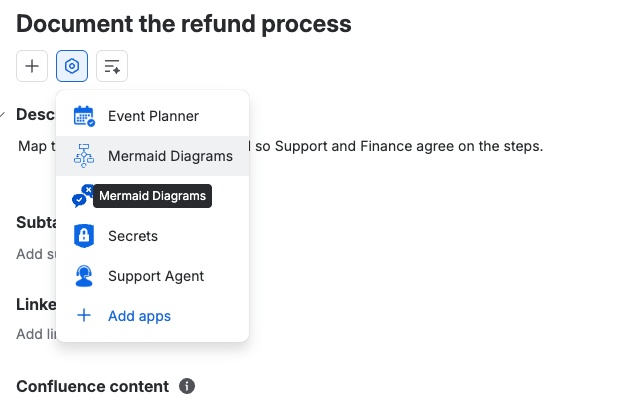 The View app actions menu under a work item's summary, with Mermaid Diagrams highlighted