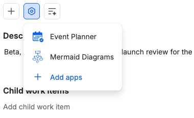 The View app actions menu under a work item summary, with Event Planner in the list