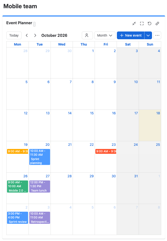 A Jira dashboard with the Event Planner gadget in the month view