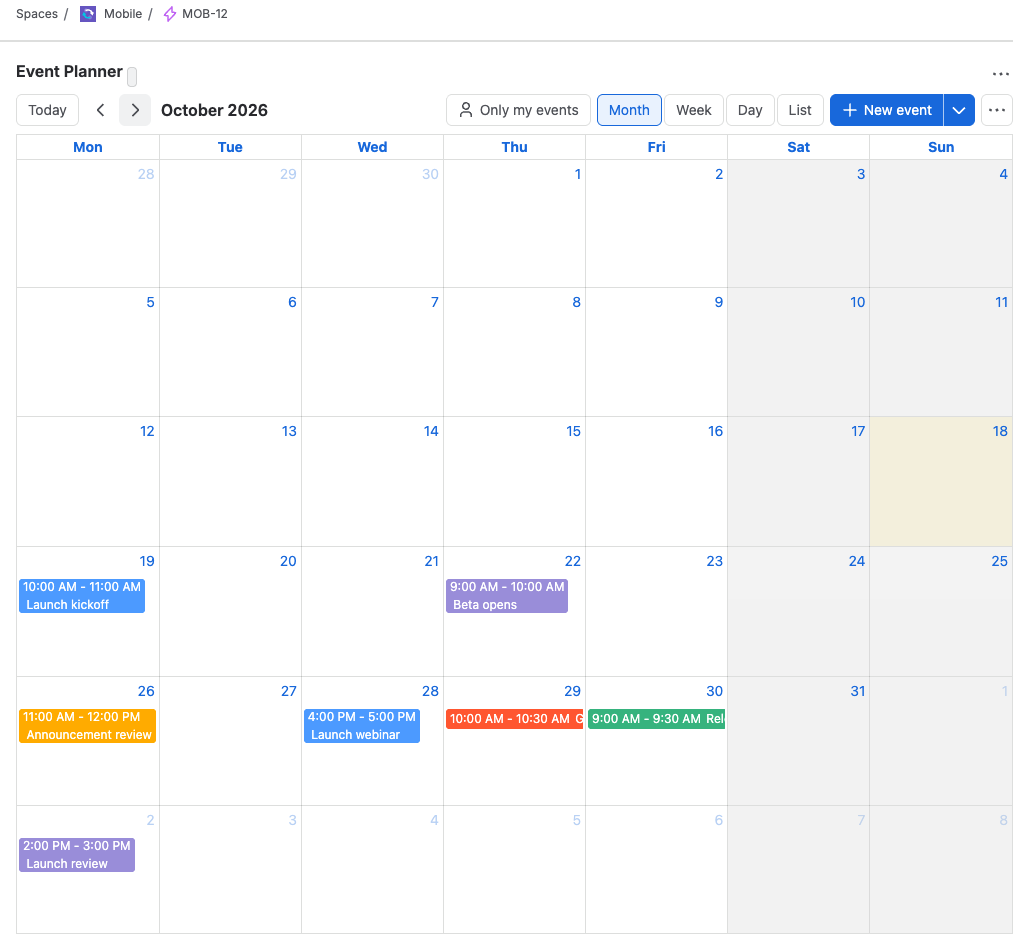 A Jira epic with the Event Planner panel showing the launch week