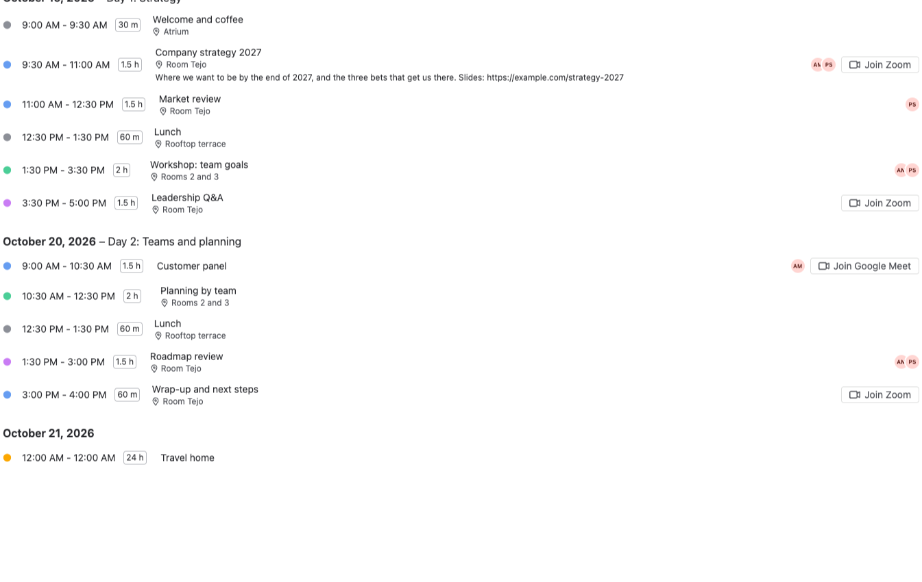 The List view with upcoming events grouped by day, with times, locations and a Join button