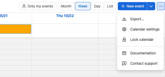 The calendar header with the view buttons, New event and the More actions menu open