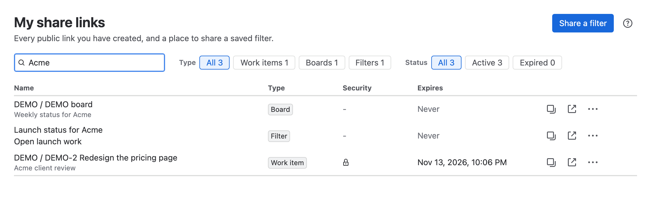 The My share links page with links to a work item, a board and a filter, and the Share a filter button
