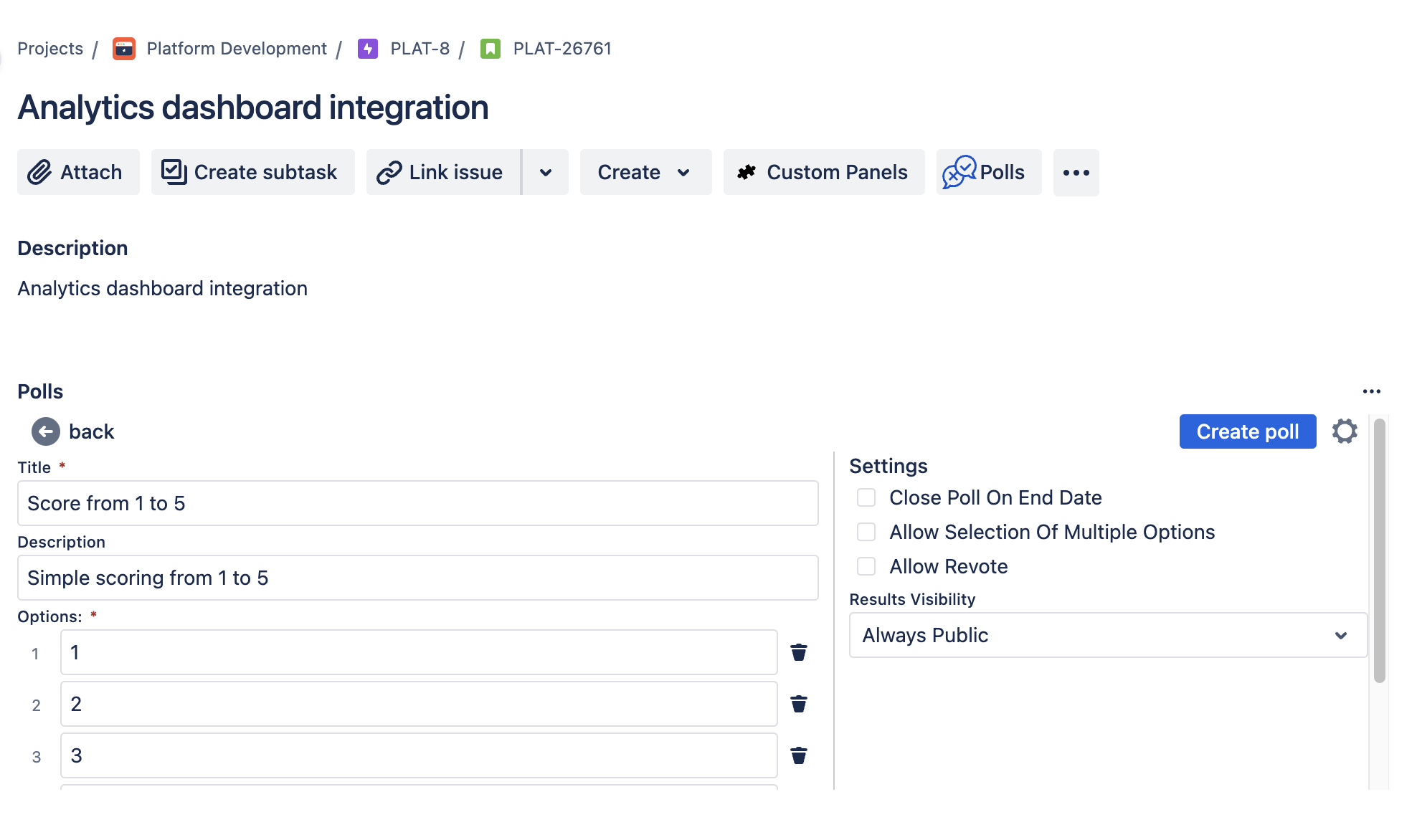 Poll creation form — additional settings