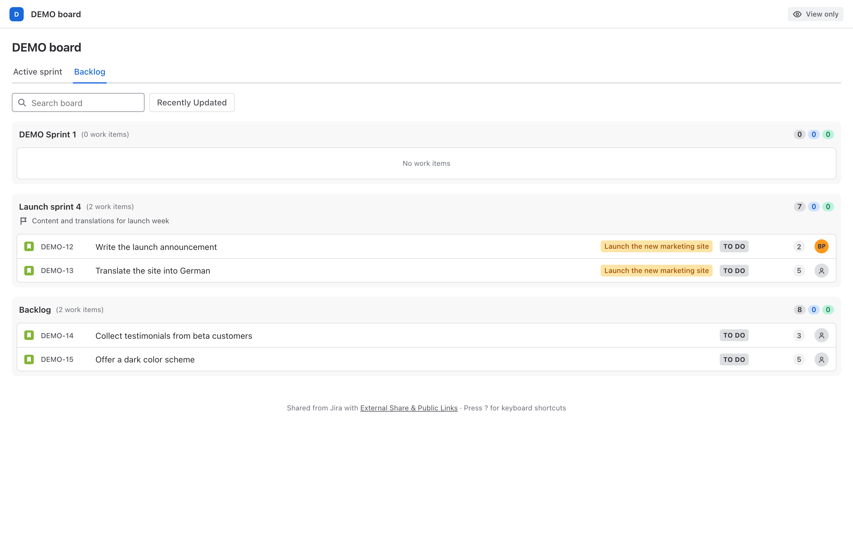 The Backlog tab of a shared board, with the next sprint, its dates and goal, then work not planned into any sprint