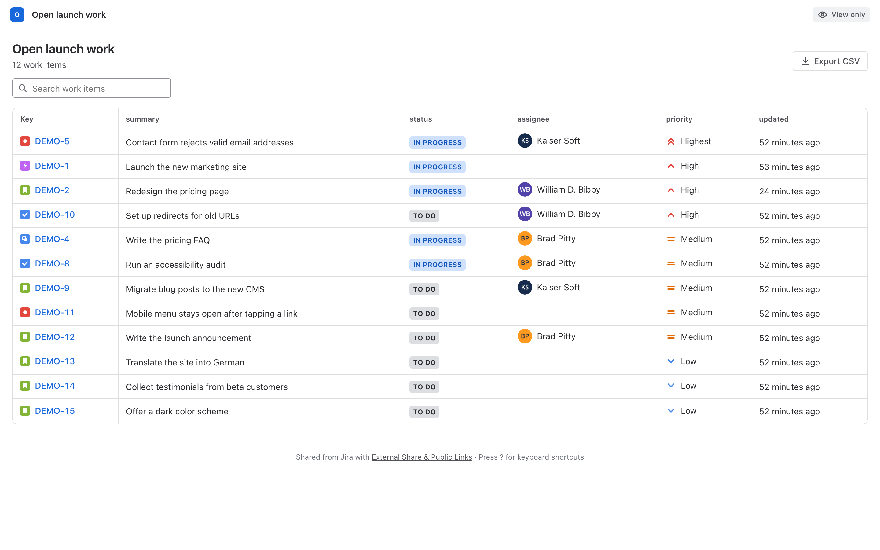 A shared filter as a table with key, summary, status, assignee, priority and updated columns