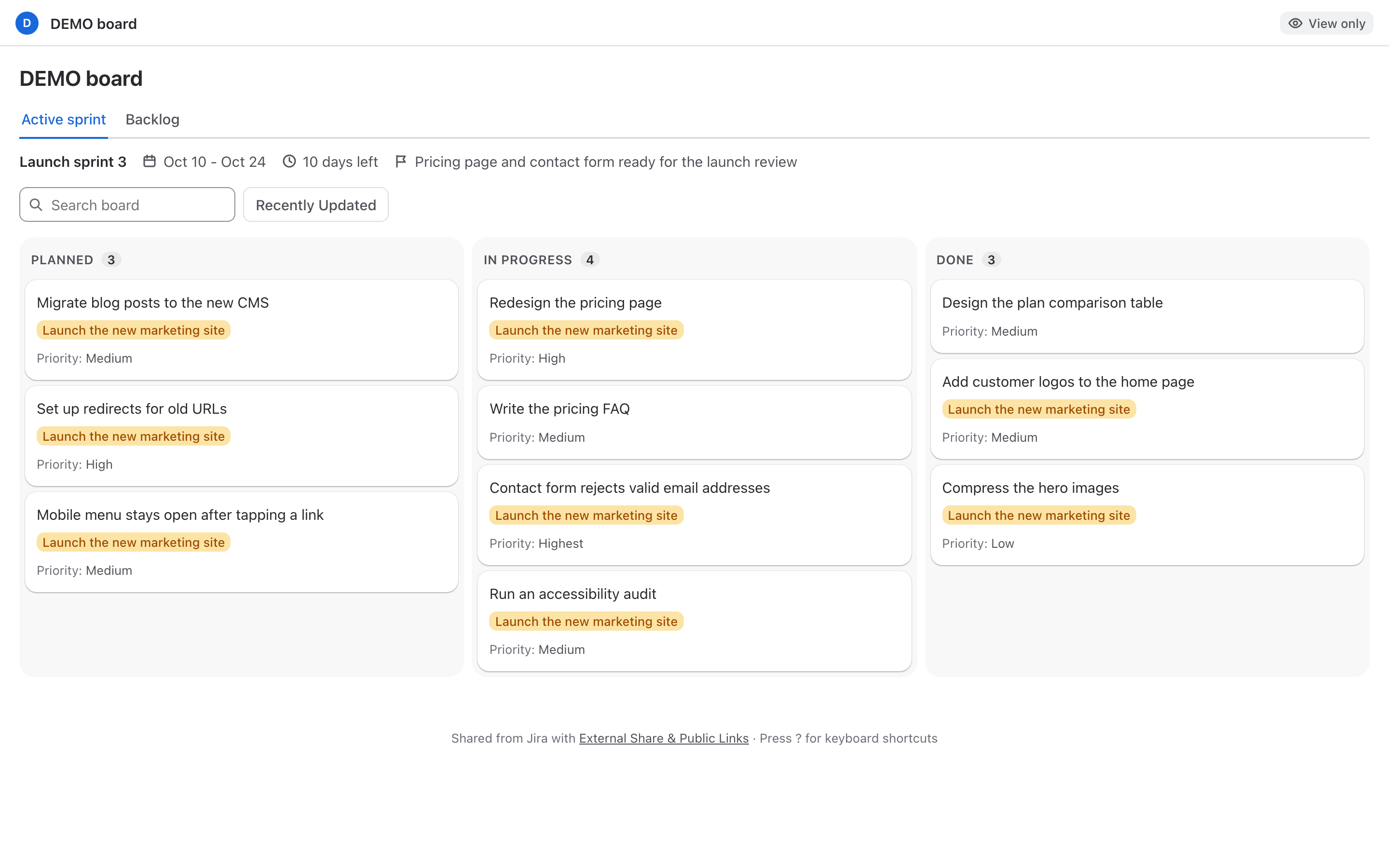 A shared board in the Portal theme, with work grouped as Planned, In progress and Done