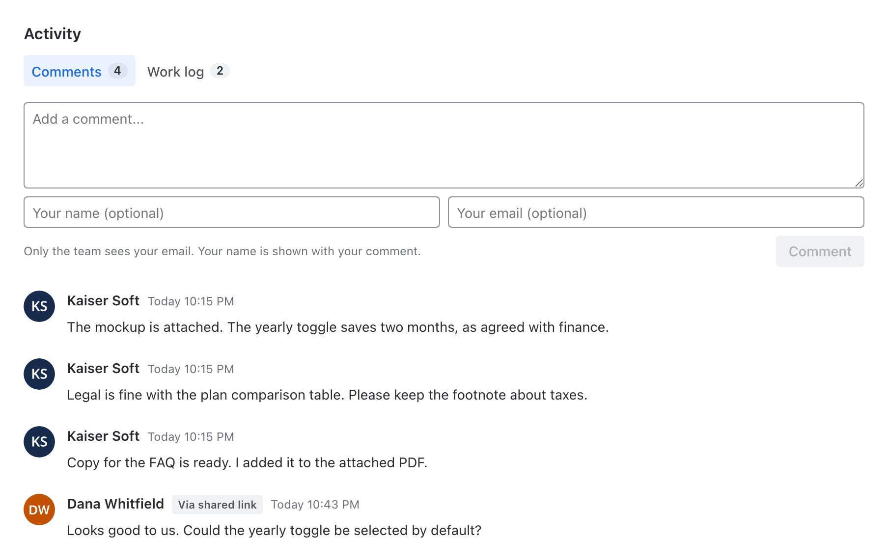 A comment from a viewer on the shared page, tagged Via shared link, below the comment box