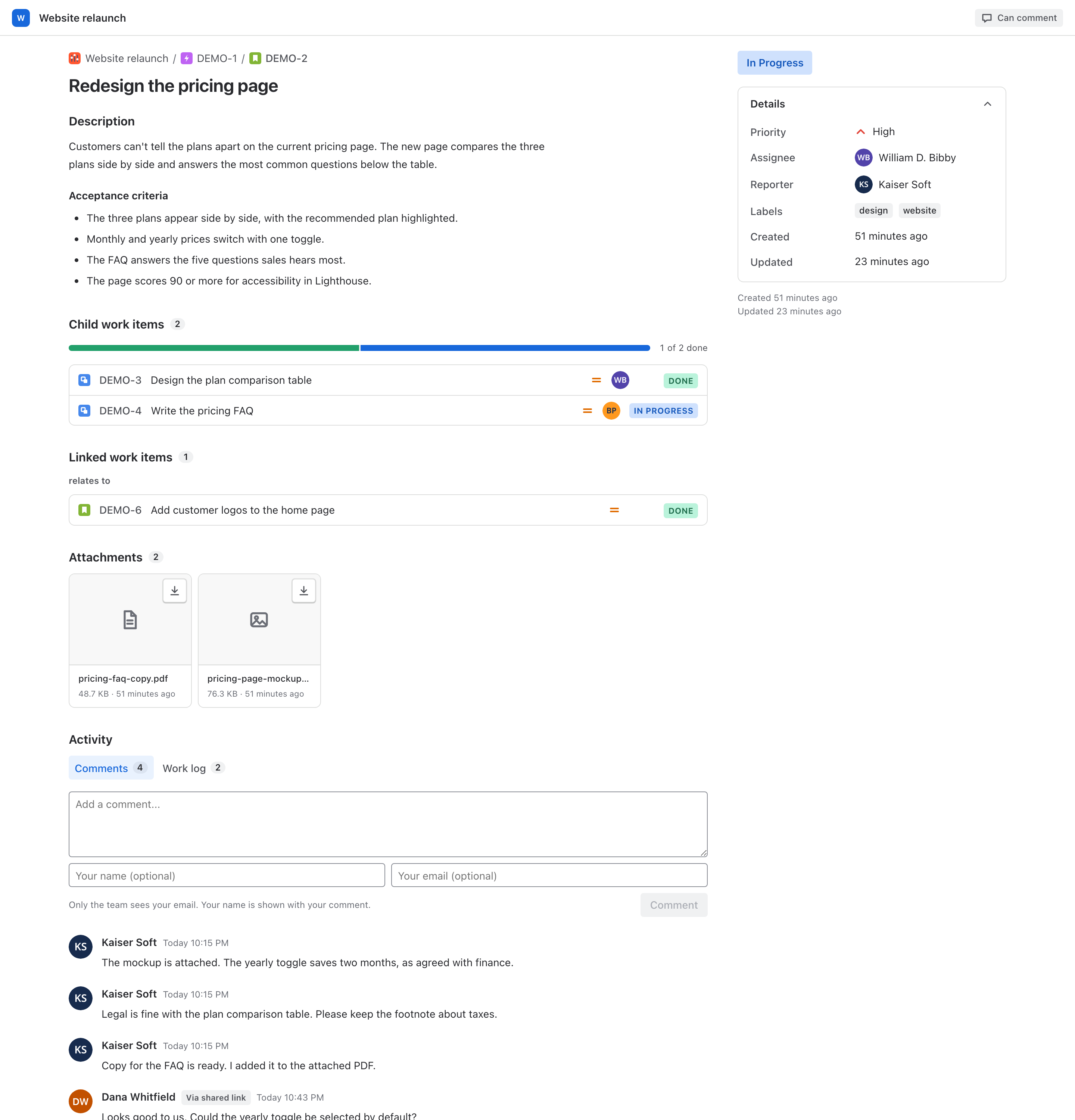 A shared work item with its description, attachments, child work items and the details column