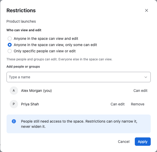 The Restrictions dialog with the access options and a list of people and groups