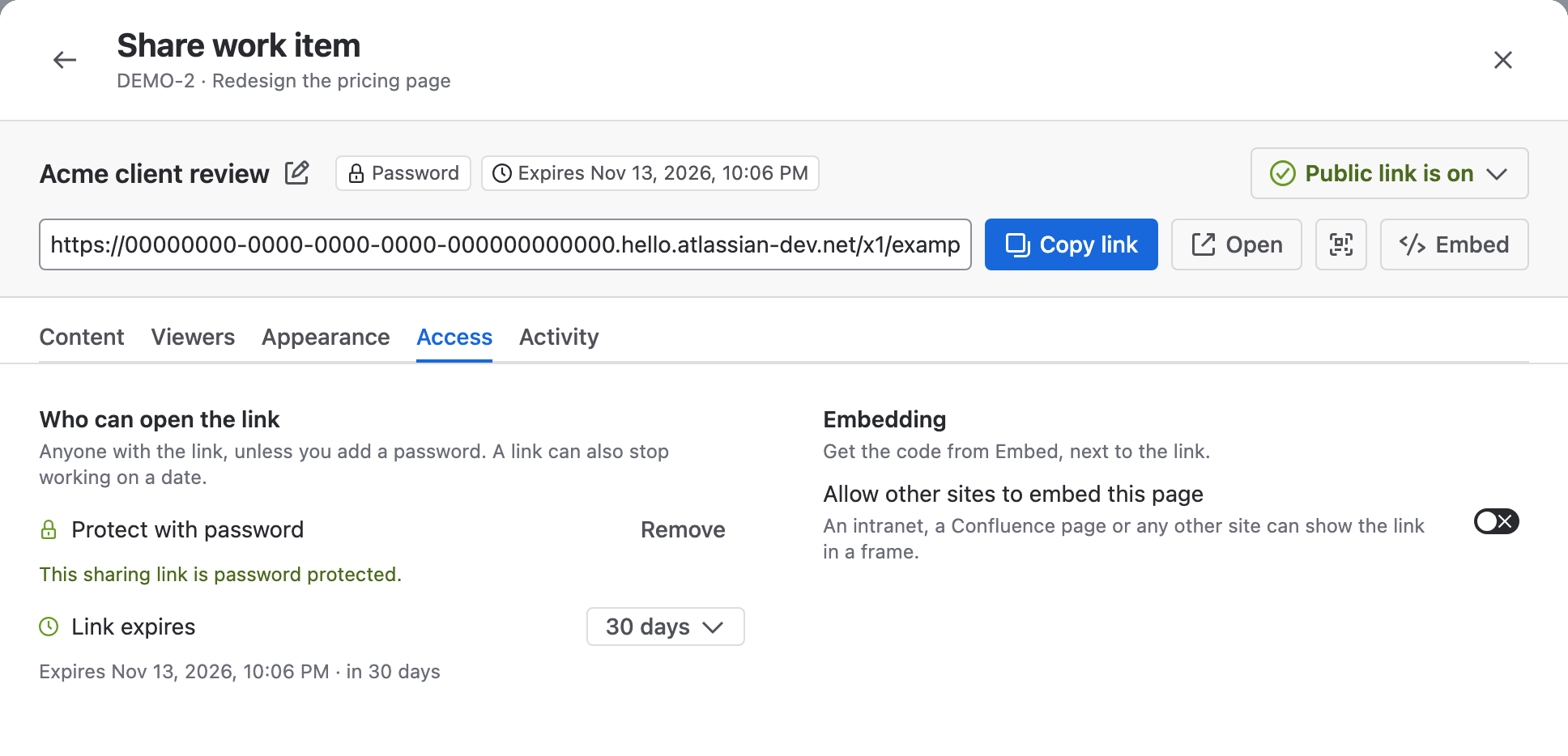 The Access tab with a password set and the link expiring in 30 days