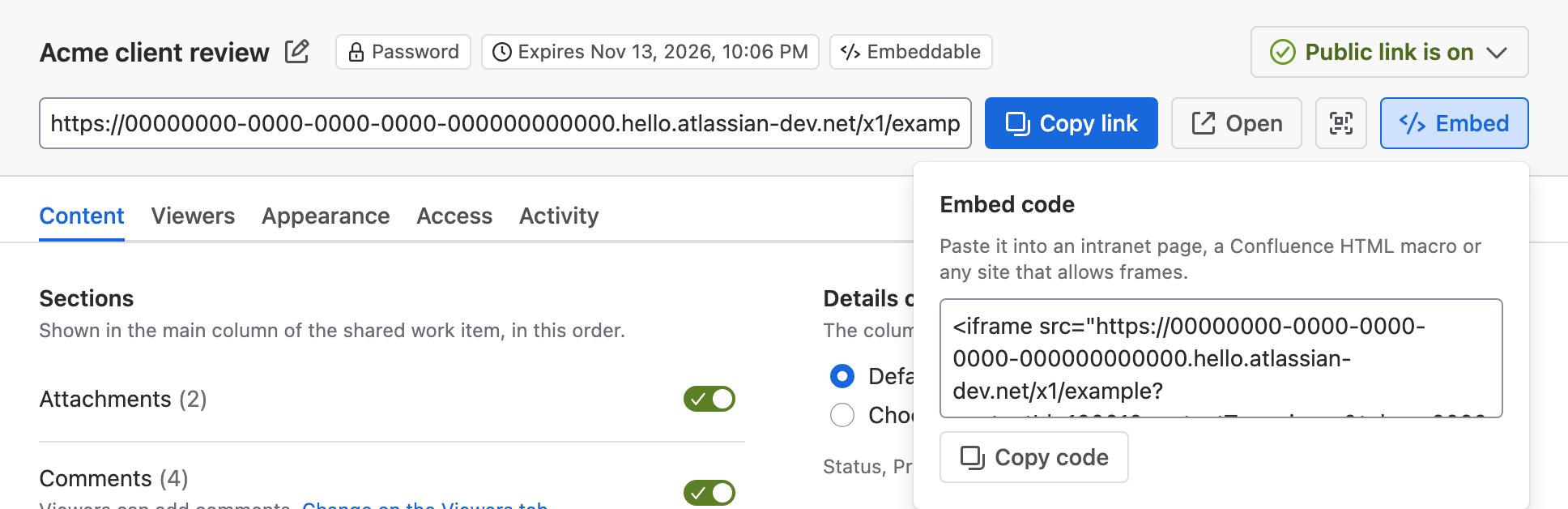 The Embed code popover under the link bar, with the iframe code and the Copy code button