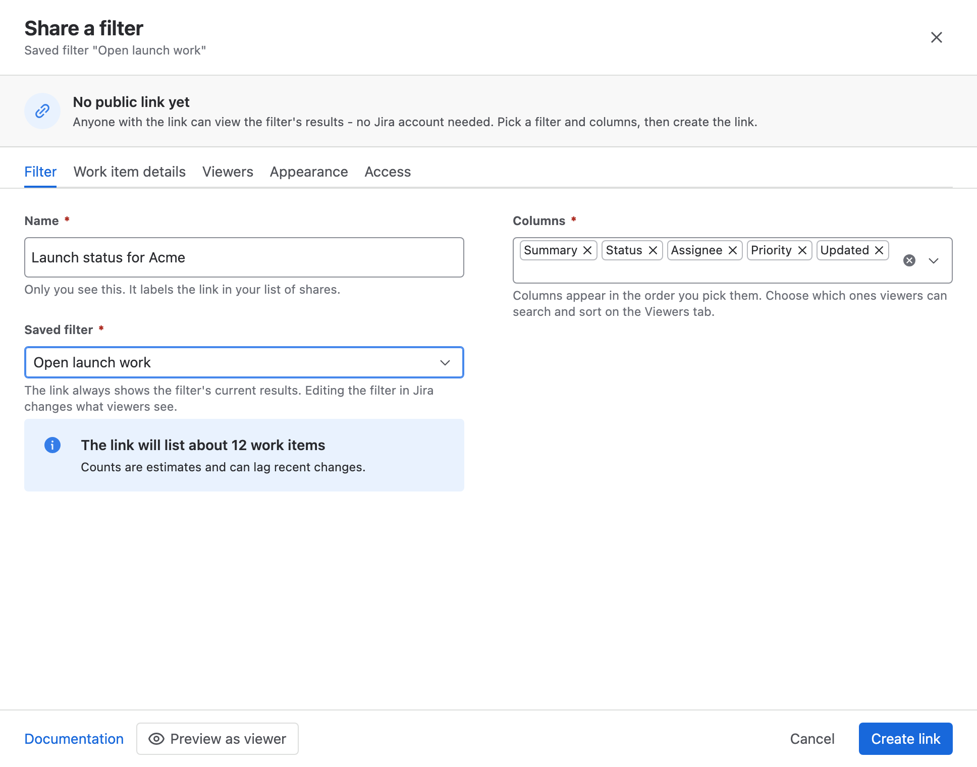 The Share a filter window on the Filter tab, with a name, a saved filter and the five default columns