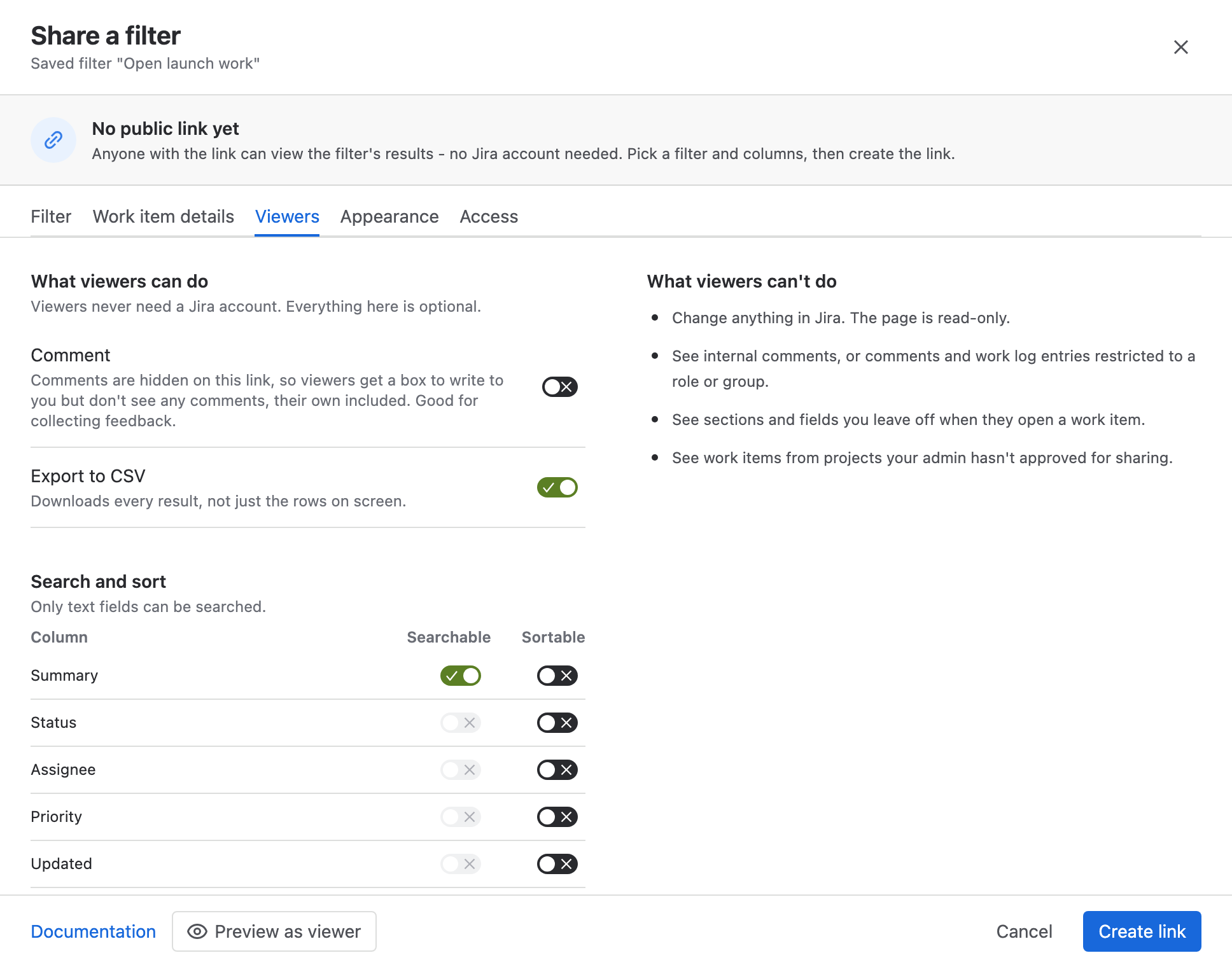 The Viewers tab of the filter window, with Export to CSV on and a searchable Summary column