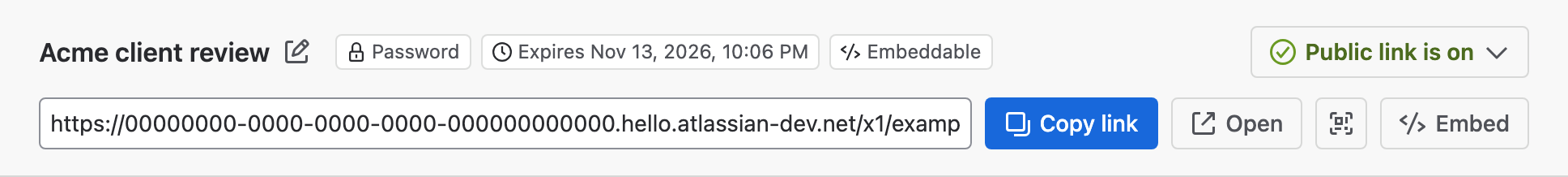 The link bar of a new link with the URL and the Copy link button