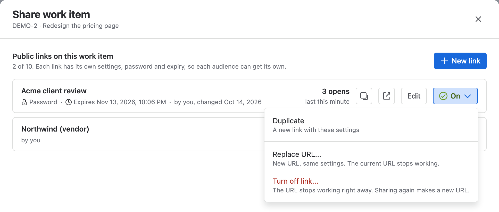 The status menu of a link, with Duplicate, Replace URL and Turn off link