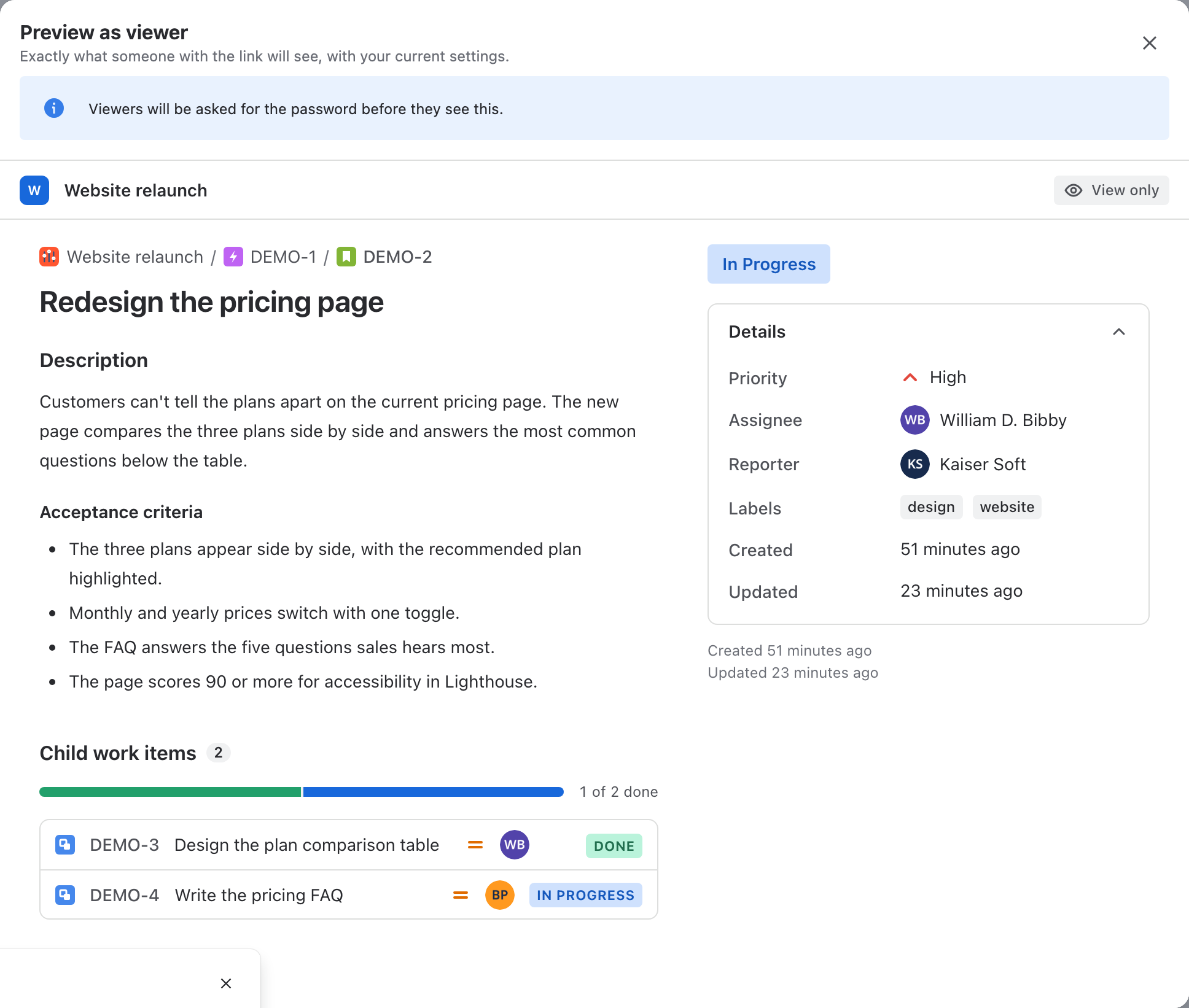 Preview as viewer showing the shared work item, with a note that viewers will be asked for the password
