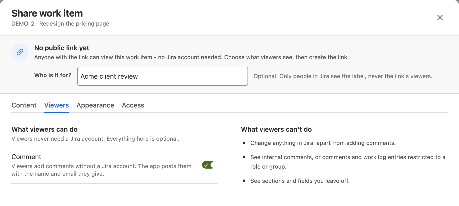 The Viewers tab with the Comment switch on, and what viewers can't do listed beside it