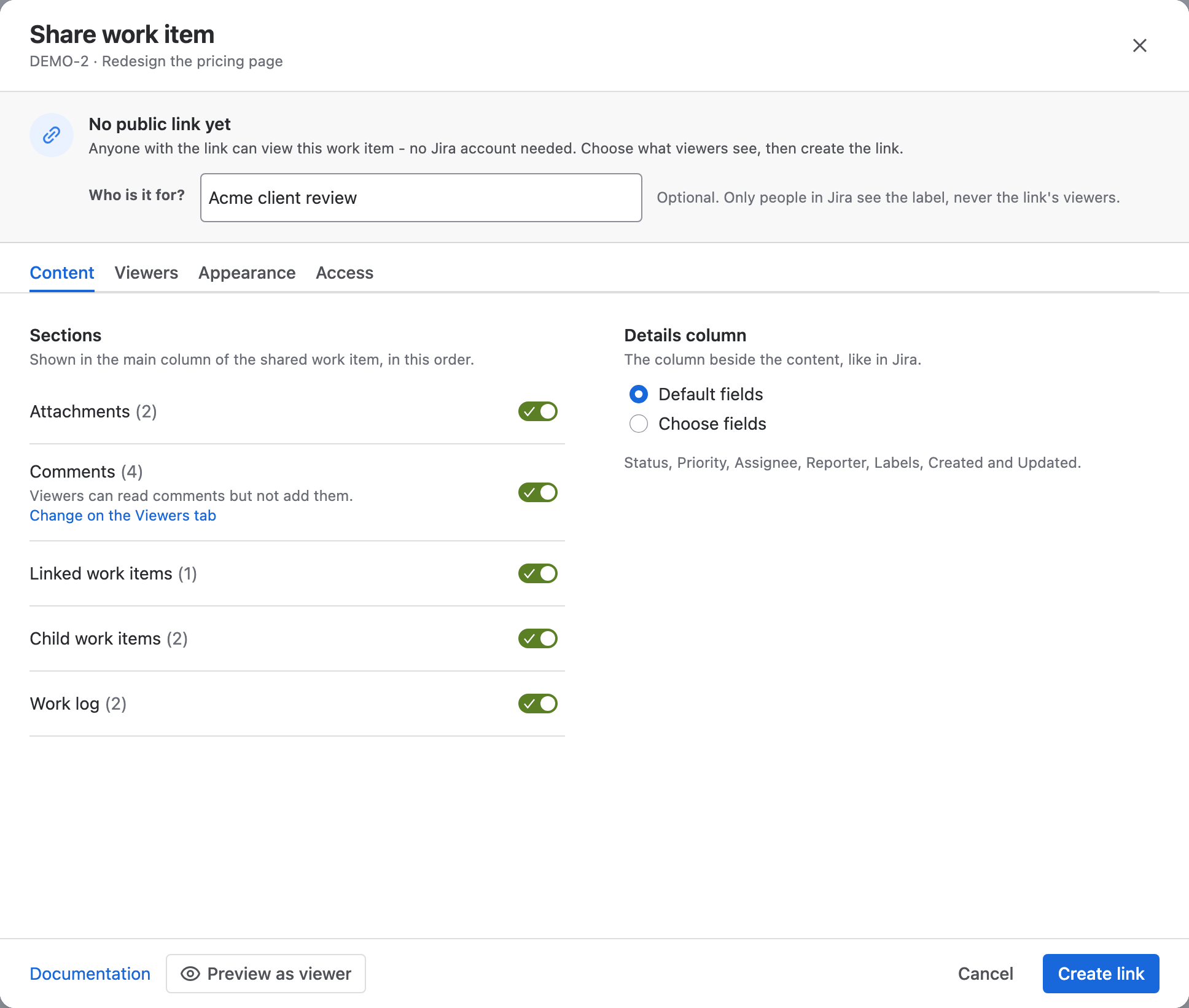 The Share work item window on the Content tab, with sections switched on and the default details fields