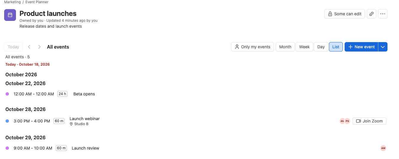 A space calendar in Confluence, with its name, owner, access and the calendar below