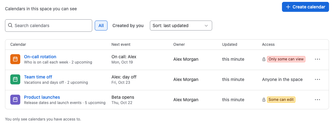 The space calendars list with a Product launches calendar marked Some can edit