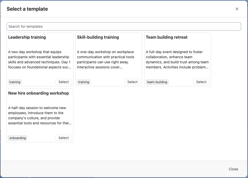 The Select a template dialog with four template cards