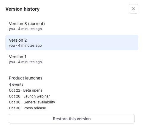 The Version history panel with a list of versions and a preview of the selected one