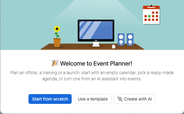 The welcome screen of an empty calendar with the Start from scratch, Use a template and Create with AI buttons
