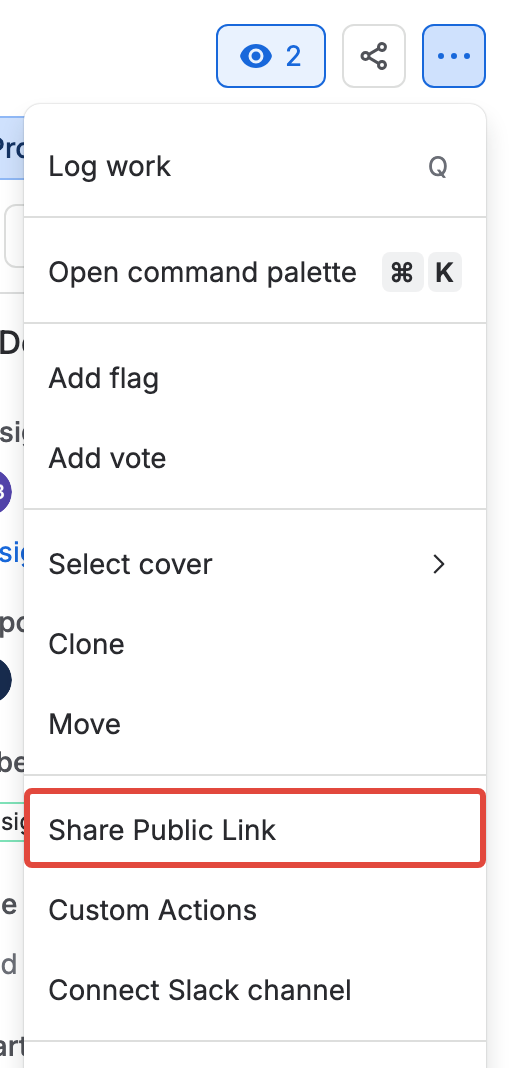 The work item's Actions menu with Share Public Link highlighted
